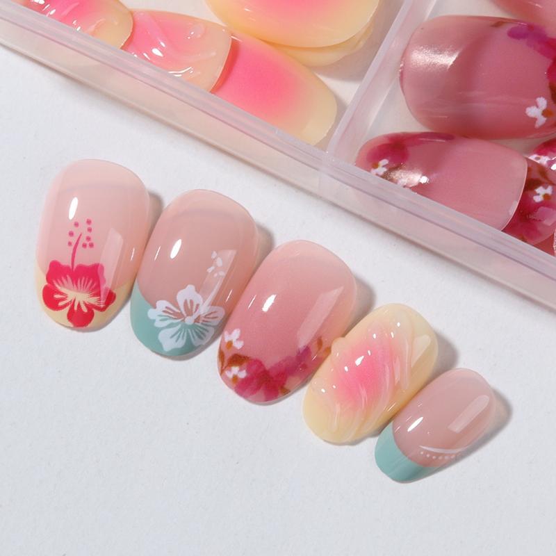 96pcs Short Oval False Nails, Multicolor Floral French Style, Y2K Acrylic Press-On Nails, Reusable for Women and Girls, DIY Nail Kit