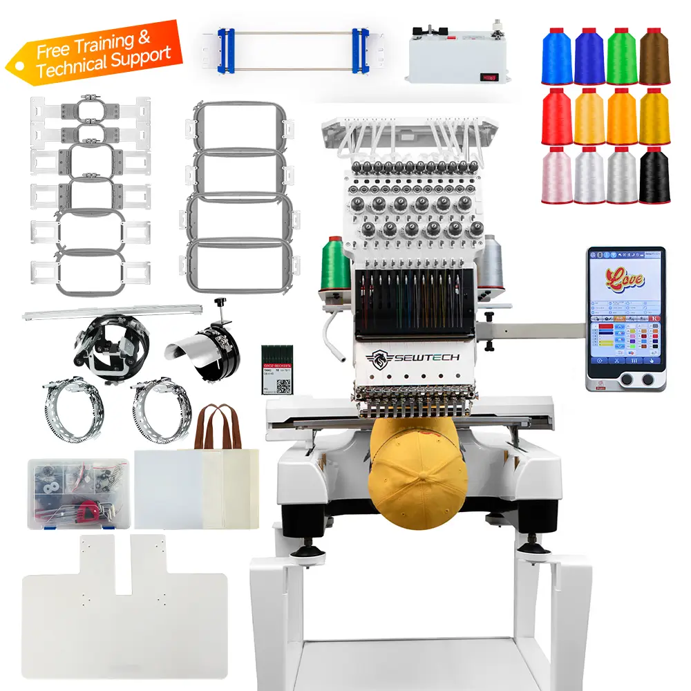 SEWTECH 12 Needles Embroidery Machine with 200x360 mm Embroidery Area, 1200 SPM Max Speed, WiFi/USB Transfer with 10" Touch Screen, Commercial Embroidery Machine for Hat, T-Shirt, Flat, Sock
