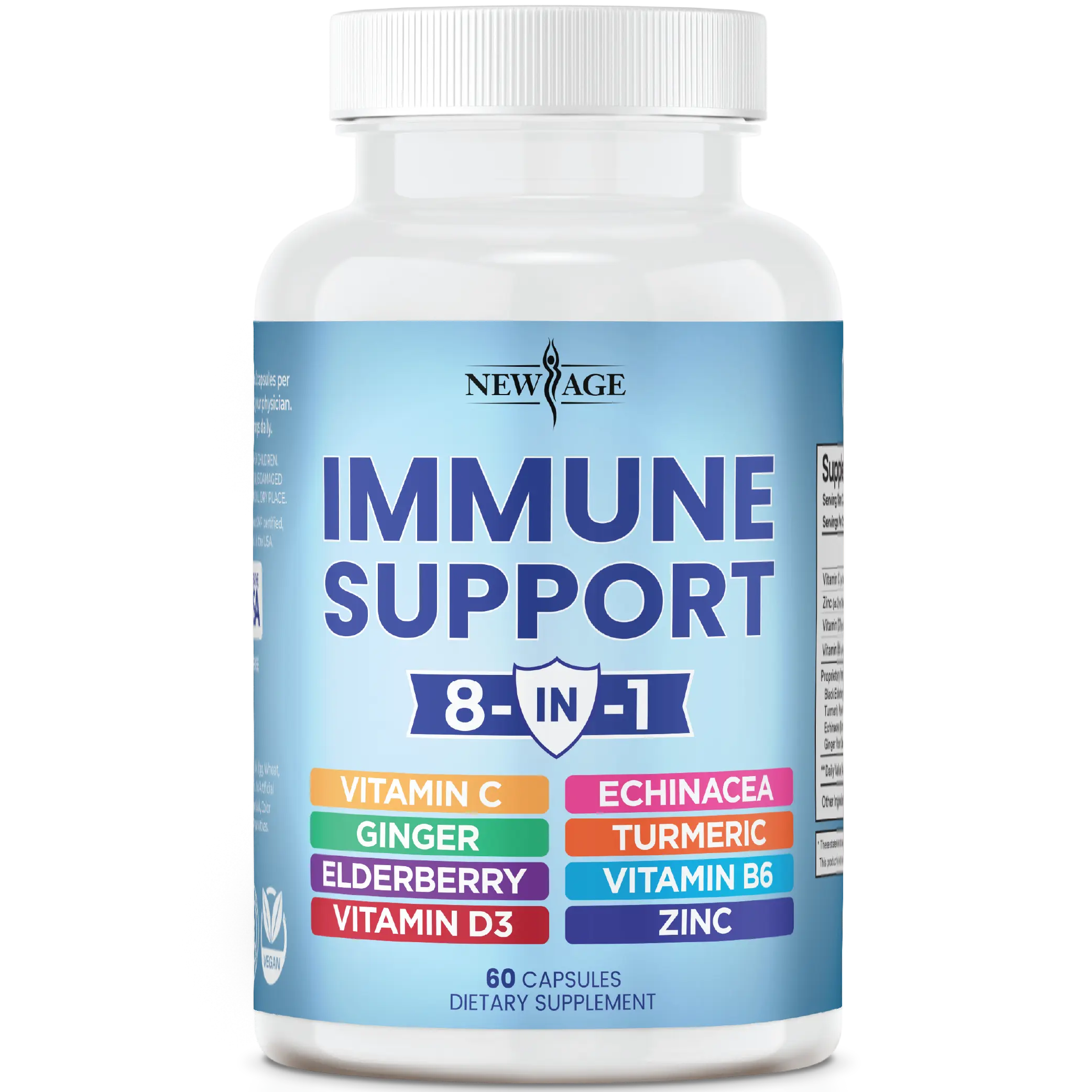 NEW AGE 8 in 1 Immune Support Booster Supplement with Echinacea, Vitamin C and Zinc 50mg, Vitamin D 5000 IU, Turmeric Curcumin & Ginger, B6, Elderberry Dietary Healthcare