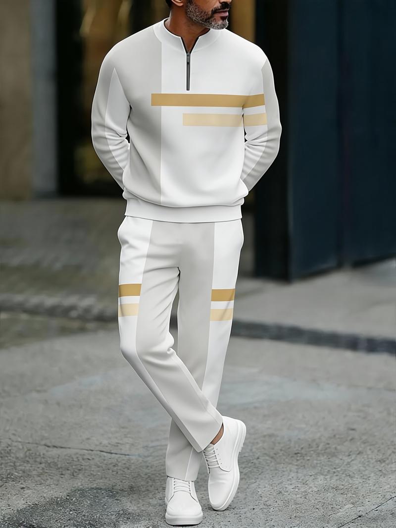 European and American two-piece men's white sports suit |     Geometric stripe design, semi open collar |     High quality polyester fiber fabric, wrinkle resistant and easy to maintain |     Fitness trend, suitable for sports and leisure style