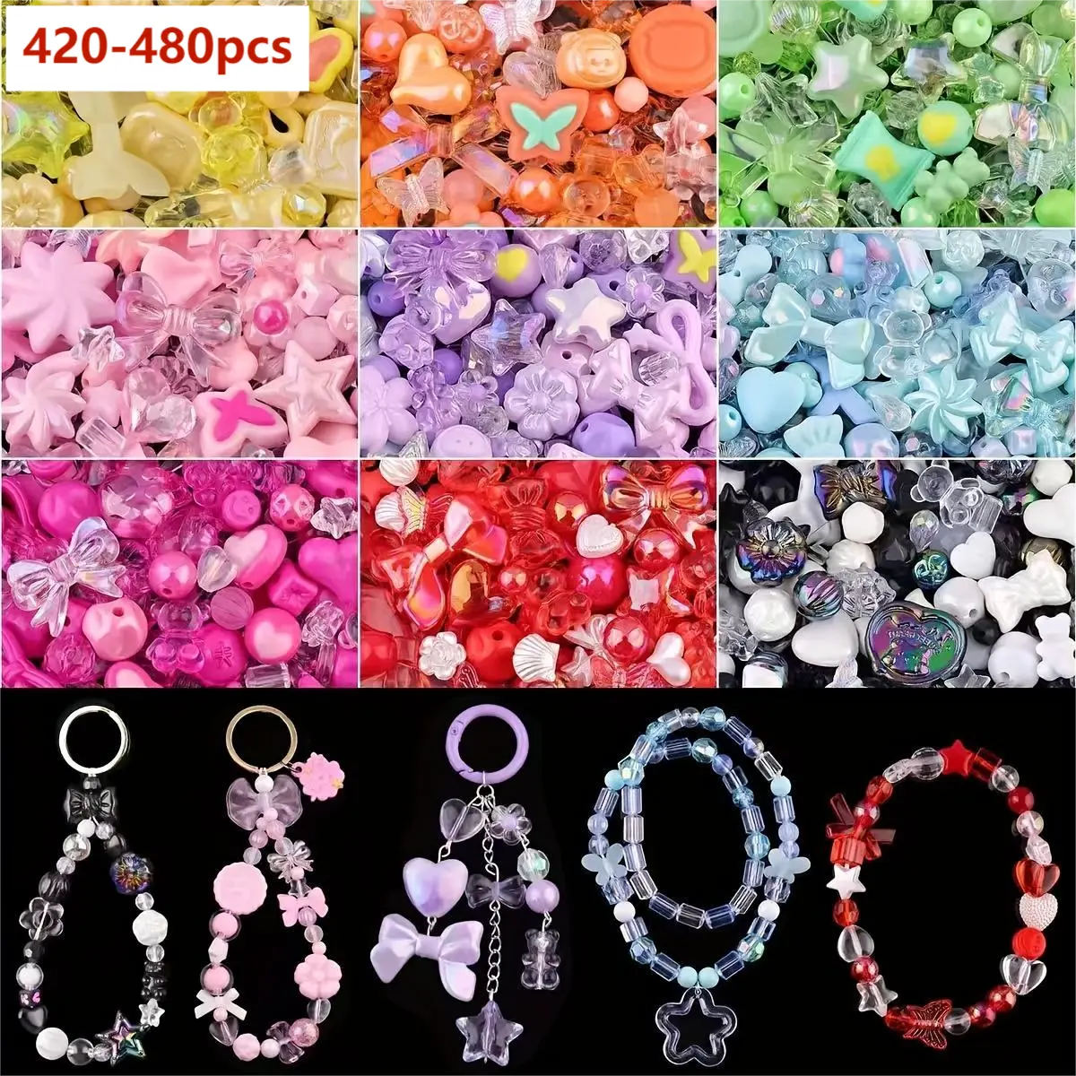 Cutecore Jewelry Making Kit - 420-480pcs Mixed Colors Acrylic Beads with Flower, Heart, Bear & Candy Charms for DIY Bracelets & Bangles, Includes Bell & String, Kawaii