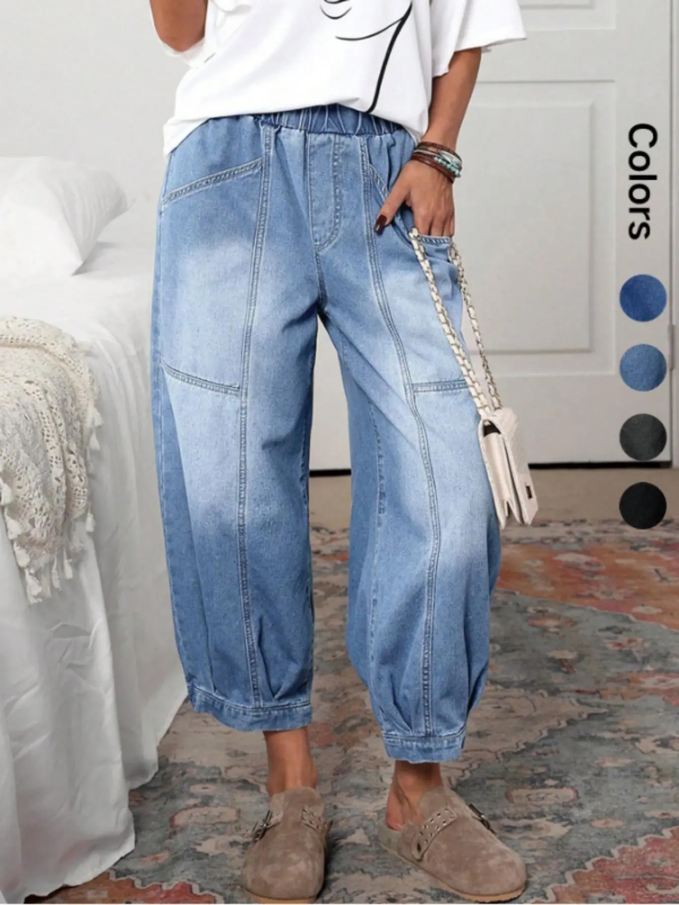 New Four-Season Loose Fit Harem Ankle-Length Light Wash Denim Pants for Women, Casual Mid-Waist Elastic Trouser Bottoms, Womenswear