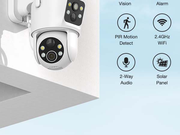 Dual Lens Solar Security Cameras Wireless Outdoor, 2K Full HD Video, 360° View Pan/Tilt Home Security Camera with Color Night Vision, Easy to Install, PIR Alarm, 2.4GHz WiFi