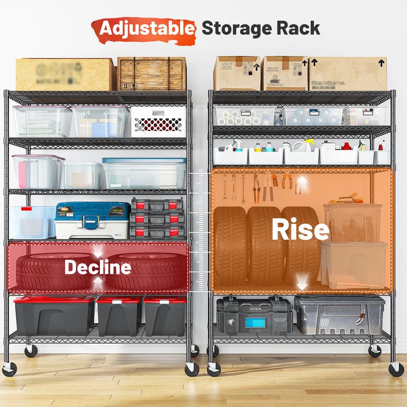 Raybee Storage Shelves with Wheels, 6 Tier Rolling Wire Shelving, Adjustable Metal Shelving Pantry Shelves with Capacity Garage Shelving Storage Organizer for Pantry, Kitchen, Closet Organizing Cabinet Rack