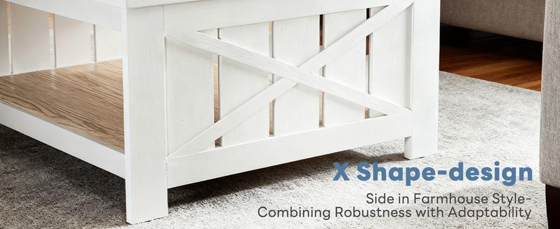 Farmhouse Square Coffee Table with Storage Shelf - 31.5" Rustic White Center Table with X-Design Side - Heavy Duty & Scratch Resistant for Living Room