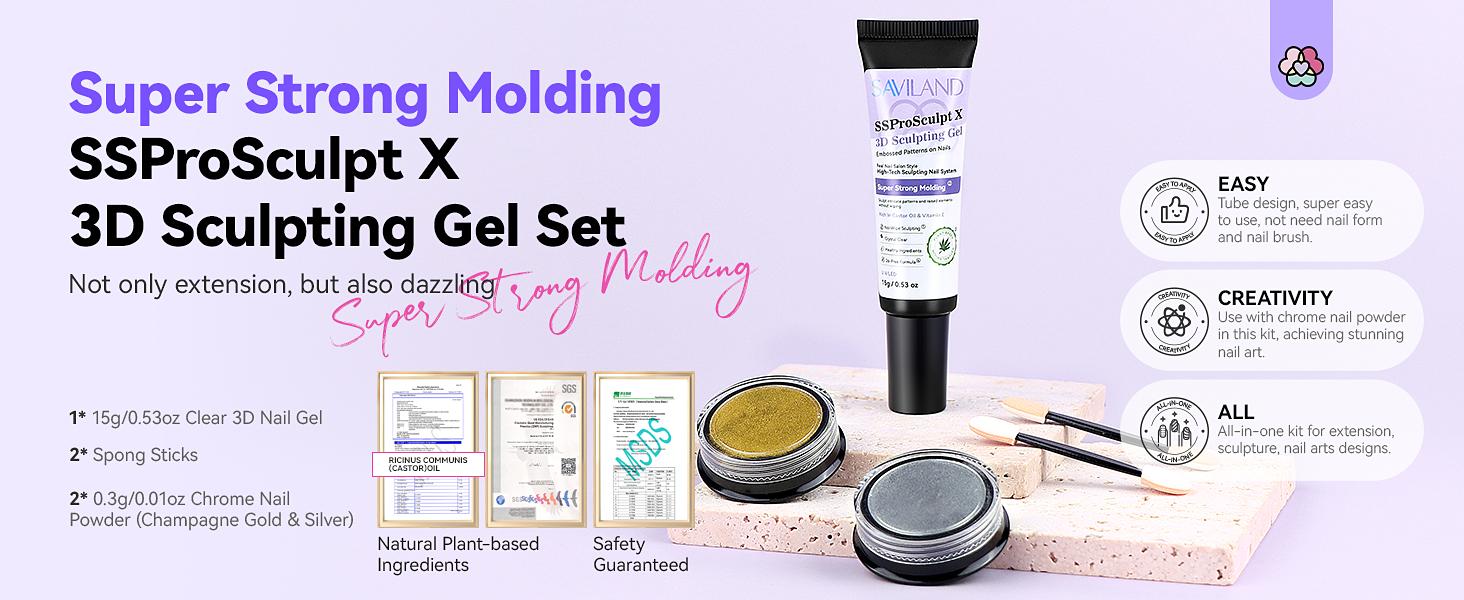SAVILAND 3D Nail Gel & Chrome Powder Kit: Includes 3D Sculpting Gel Chrome Powder For Gel Nail Art Perfect For Home Manicures And DIY Nail Decoration