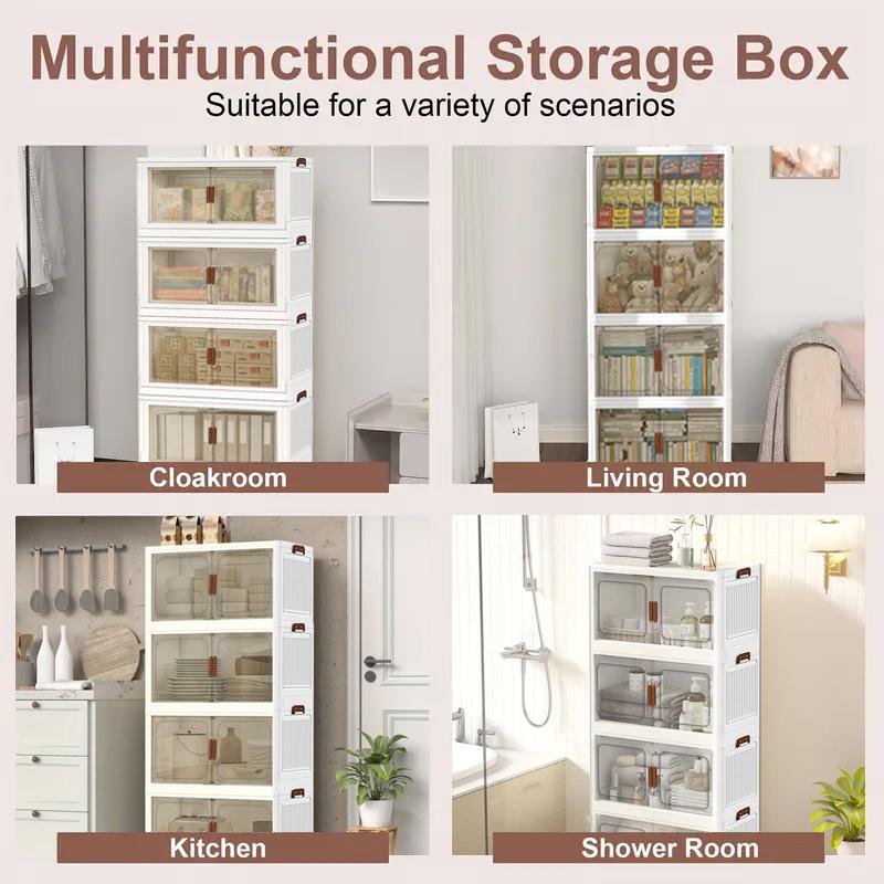 60CM-2/3/4/5 Layers Plastic Storage Box Organizer Stackable & Foldable with Magnetic Transparent Door for Kitchen Bedroom Living Room Study Office Saving Space