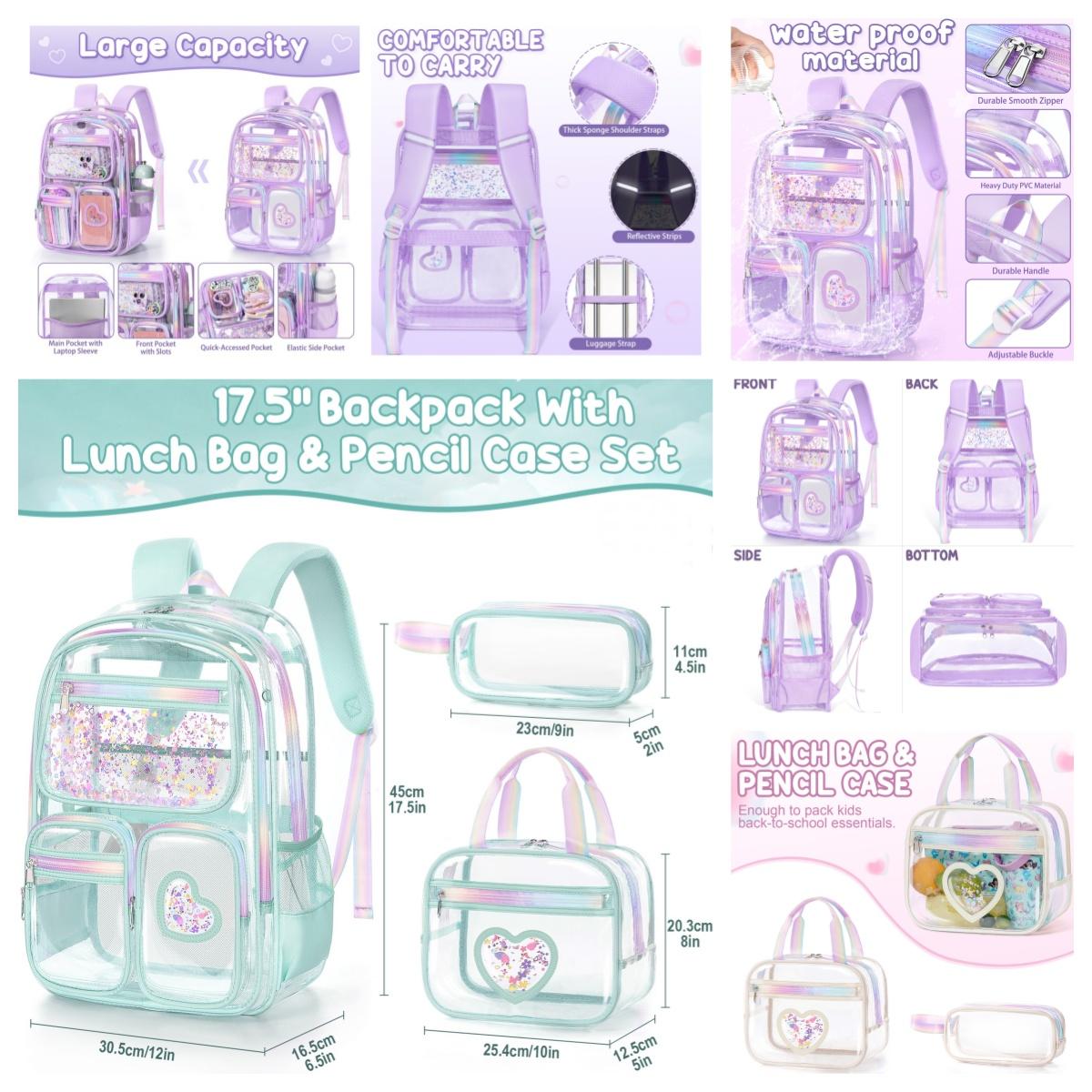 Fimibuke Clear Backpack with Lunch Box & Pencil Case - 3 PCS Heavy Duty Transparent PVC Schoolbag Large Waterproof Bookbag for Travel School Concert Stadium Events Backpacks