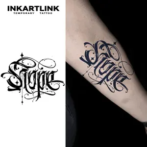 INKARTLINK [2 Sheets] Gothic Calligraphy Lettering Temporary Tattoos, Dark Aesthetic Script Fake Tattoo Stickers, Waterproof Black Body Art for Arm