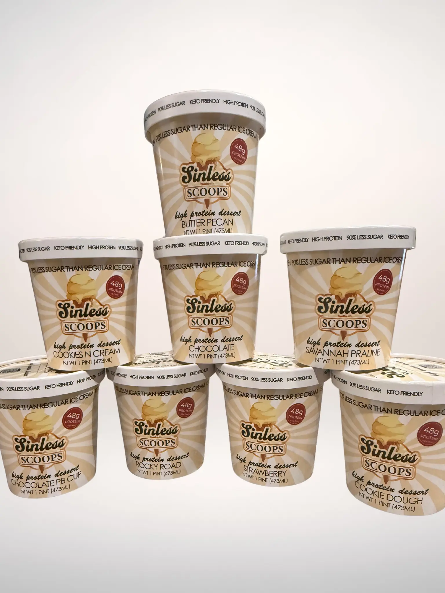 Sinless Scoops Hight Protein Ice Cream Indulgence Collection (8 Pack) Butter Pecan, Cookies N Cream , Cookie Dough, PB Cup, Rocky Road, Strawberry, Savannah Praline, and Chocolate