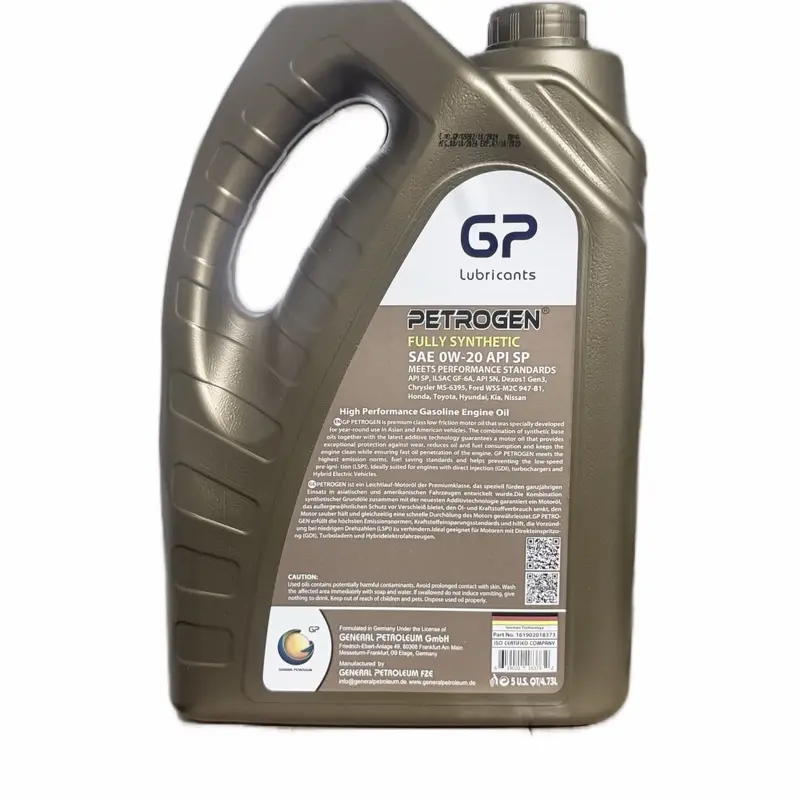 PETROGEN FULLY SYNTHETIC SAE OW-20 API SP MEETS PERFORMANCE STANDARDS API SP, ILSAC GF-6A, API SN, Dexos1 Gen3, Chrysler MS-6395, Ford WSS-M2C 947-B1, Honda, Toyota, Hyundai, Kia, Nissan High Performance Gasoline Engine Oil EN GP PETROGEN is premium class