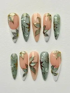 Elegant Botanical Stiletto Press-On Nail Set in Sage Green, Peach Nude and Soft White with Hand-Painted Gold Leaf Details, 3D Dew Drop Accents and Delicate Swirl Art – Luxury Nature Inspired Glam Nails for a Sophisticated Feminine Look
