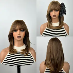 18 Inch Medium Length Layered Brown Wig with Blonde Highlights and Bangs Synthetic Heat Resistant Hair for Women Daily Wear