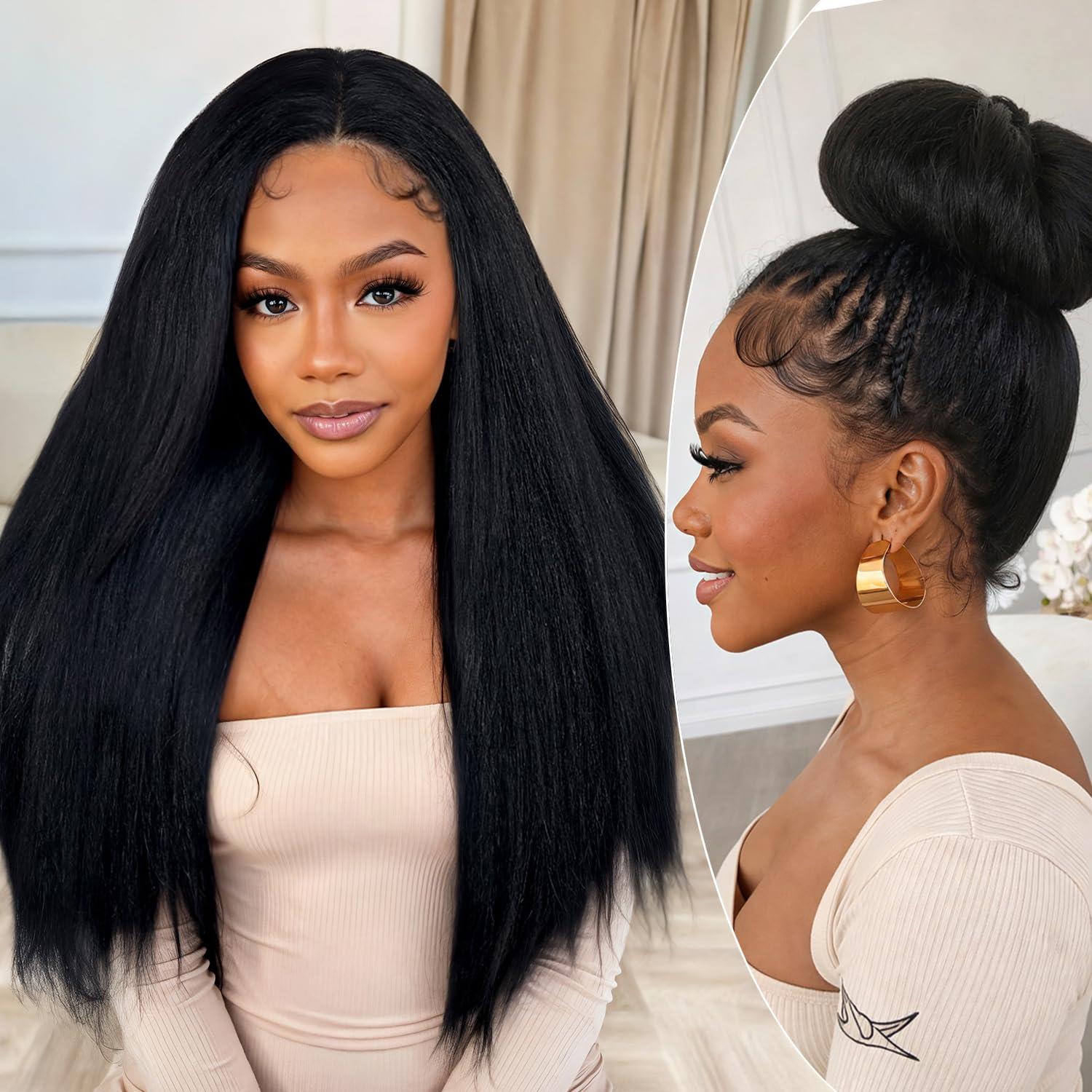 MYLOCKME Women's 360 Glueless Full Lace Wig, 180 Density Brazilian Hair, 32-34 Inch Kinky Yaki Straight, 13x6 HD Lace Frontal, Preplucked Human Hair Wig