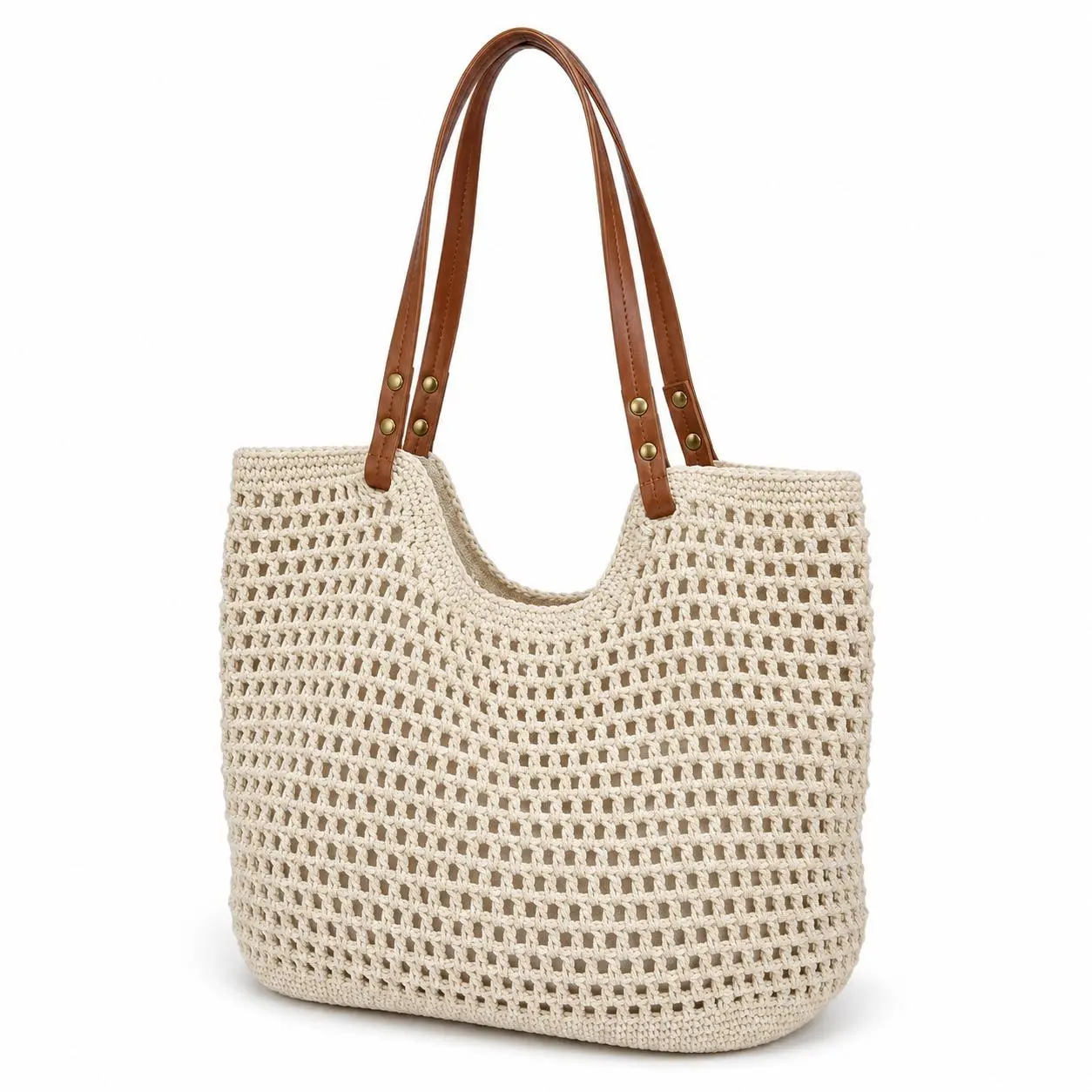 Crochet Tote Bag for Women, Hollow Out Knitted Mesh Shoulder Bag with Faux Leather Handles, Summer Beach Bag, Boho Woven Purse for Travel, Vacation, Shopping & Daily Use, Lightweight Casual Tote, Everyday Carry Bag,Resort Trips and Everyday Carry