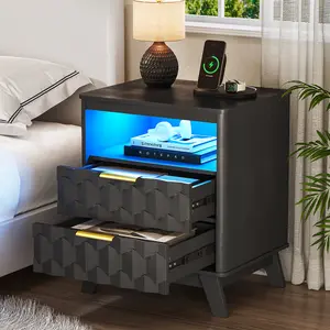 FREDEES LED Nightstand with Charging Station-and USB&Type-C,3 Color Dimmable Black Night Stand with Human Body Sensor,Smart Modern Bedside Table w/ 2 Drawer for Bedroom