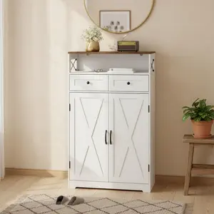 Modern Farmhouse Shoe Storage Cabinet for Entryway, Narrow Freestanding Shoe Rack Organizer with Drawers,Doors & Adjustable Shelves,for Hallway,White