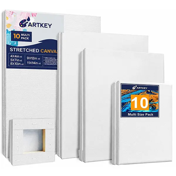Artkey 10-Pack Stretched Canvas Set (4x4, 5x7, 8x10, 9x12, 11x14 in), 10oz Triple-Primed 100% Cotton, for Acrylic, Oil & Pour Painting