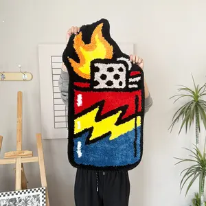 Retro Lighting Lighter Shaped Tufted Rug, Red Blue Yellow Flame & Lightning Pattern, Soft Thick Plush Carpet, Non-Slip Irregular Floor Mat for Bedroom, Man Cave & Streetwear Aesthetic Decor