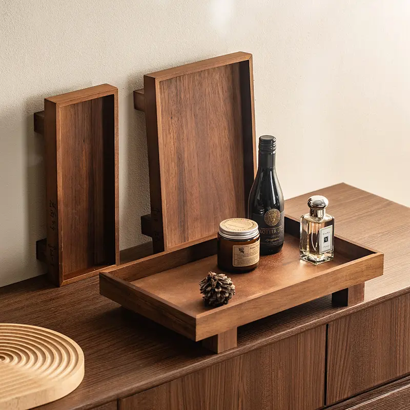 Handmade Solid Acacia Wooden Vanity Tray - Modern Bathroom Vanity Accessory, Non-Deformable Countertop Holder & Dispenser with Natural Wood Grain for Shampoo, Cosmetics, Travel Toiletries (Home, Hotel Use), Vanity Accessories