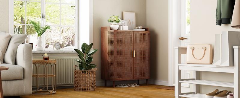 Giratree Shoe Cabinet, 5 Tier Boho Wooden Shoe Storage Organizer Cabinet with Adjustable Shelves, Shoes Rack with Iron Rattan Curved Doors Accent Cabinet for Entryway Hallway Living Room