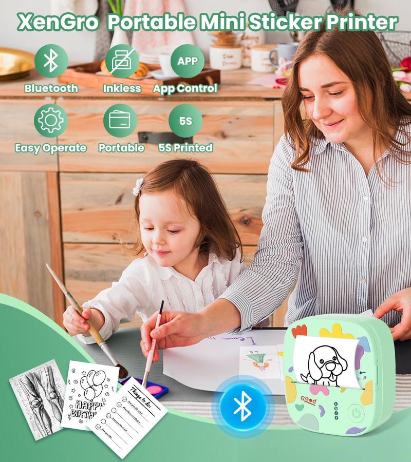 [Valentines'DaySale!] XenGro Mini Printer Bluetooth included 3 Roll label Thermal Pocket Printer,Inkless Small printer B&W Printing Only for Photos, Study Notes, Lists,Memos, Journals Printing Machine Sticky Label, Birthday Gifts for Kids Green