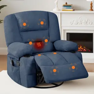 Garvee Oversized Wide Recliner Chair with Heat and Vibration Massage, 360° Swivel Rocker, Manual Recliner in Blue Chenille Fabric, Featuring Cup Holders and Side Pocket for Living Room and Bedroom Comfort