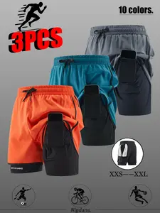 Men’s quick-dry breathable running shorts, 3-pack, featuring an elastic drawstring waistband and side pockets, suitable for training and casual wear