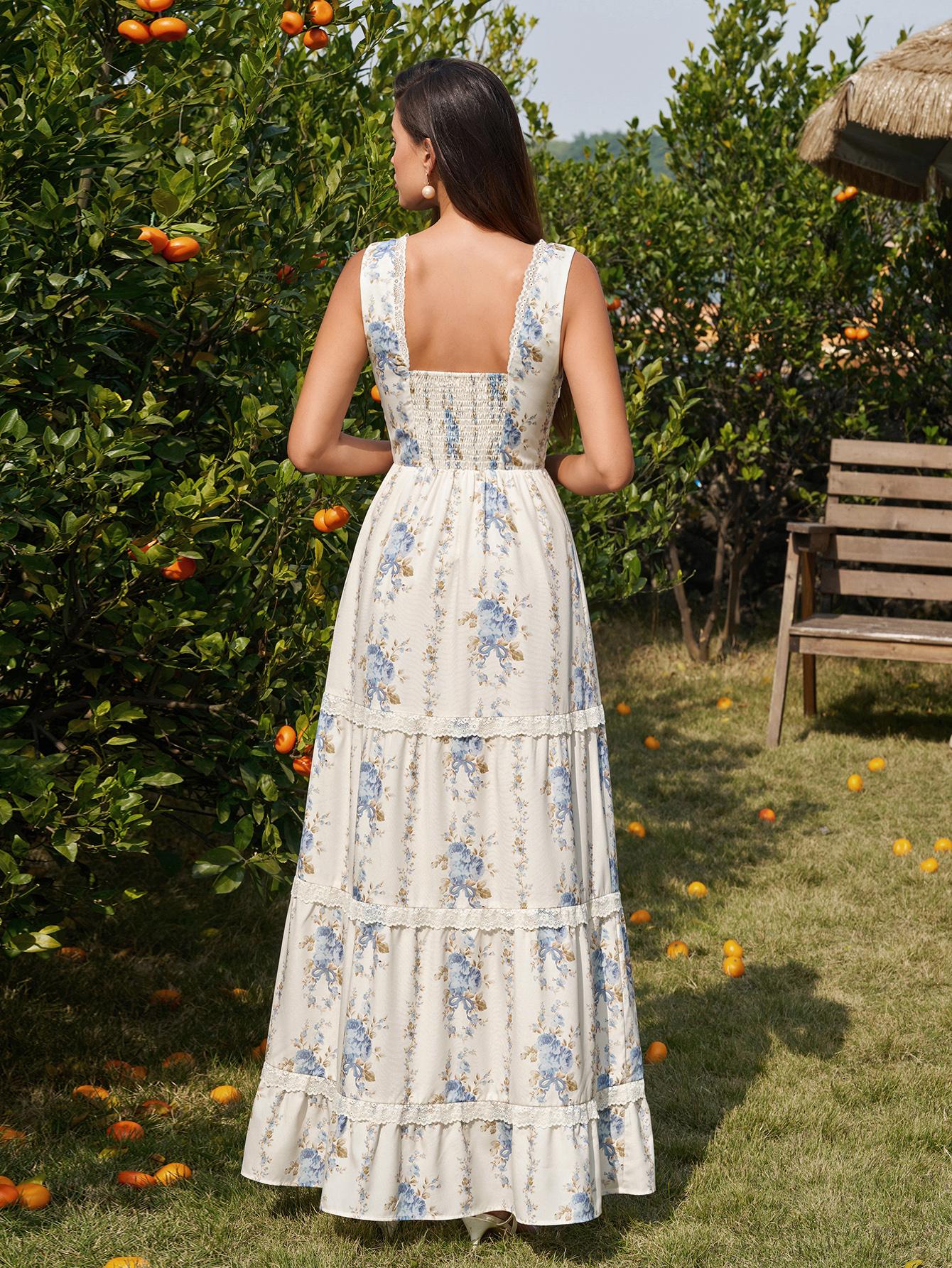 Parthea Women's V-Neck Backless Smocking Lace Trim Casual Cake Dress, Ideal for Garden Afternoon Tea, Art Exhibitions Parthea Women's V-Neck Backless Smocking Lace Trim Casual Cake Dress, Ideal for Garden Afternoon Tea, Art Exhibitions