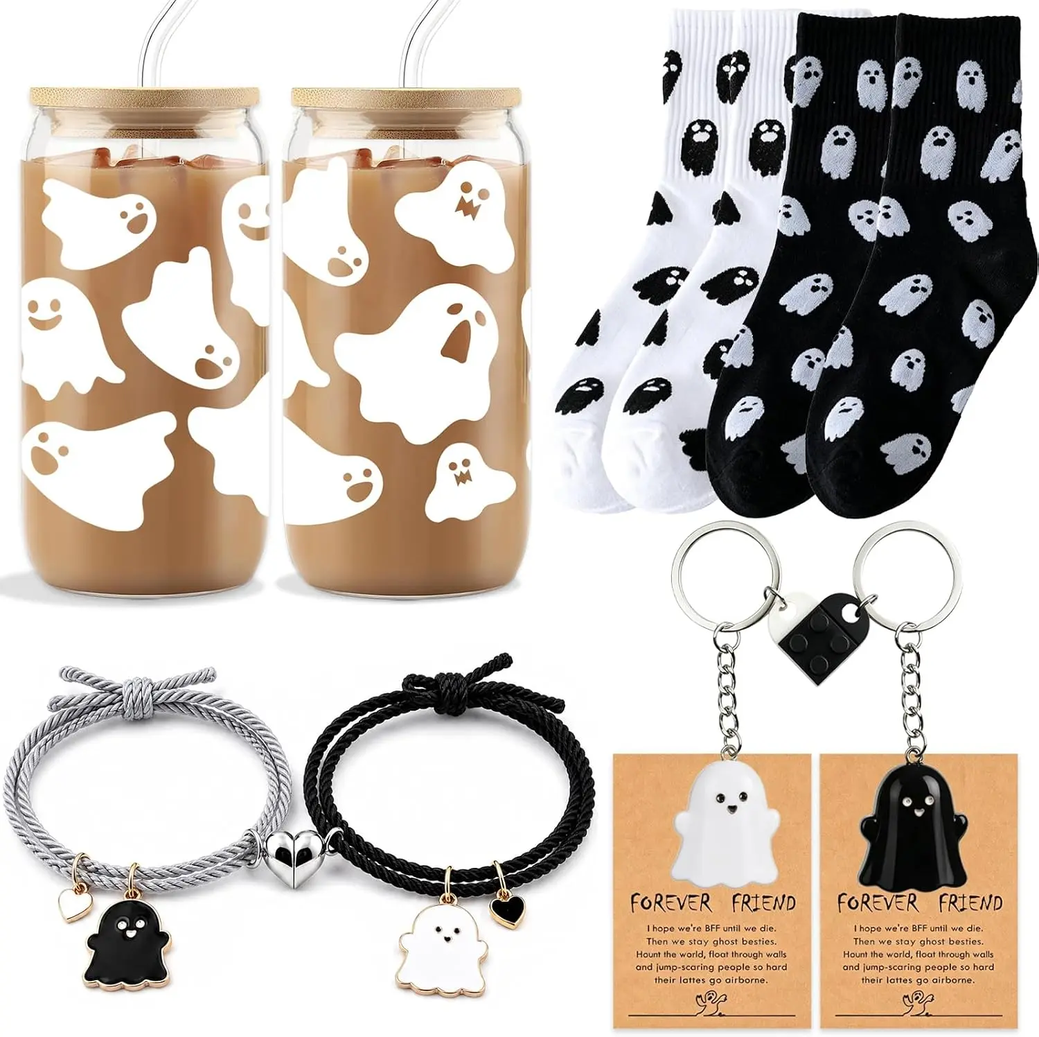 Halloween fall Gift 10PCS Halloween Best Friend Boo Basket Gift Set – 16 oz Ghost Glass Cup, Magnetic Bracelets, Socks, Keychain & Funny Cards for BFF