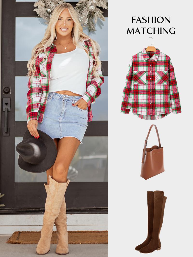 Asvivid Women's Christmas Plaid Flannel Shacket with Pockets Long Sleeve Button Down Casual Outerwear for Festive Style Womenswear Shirt Jacket Coats