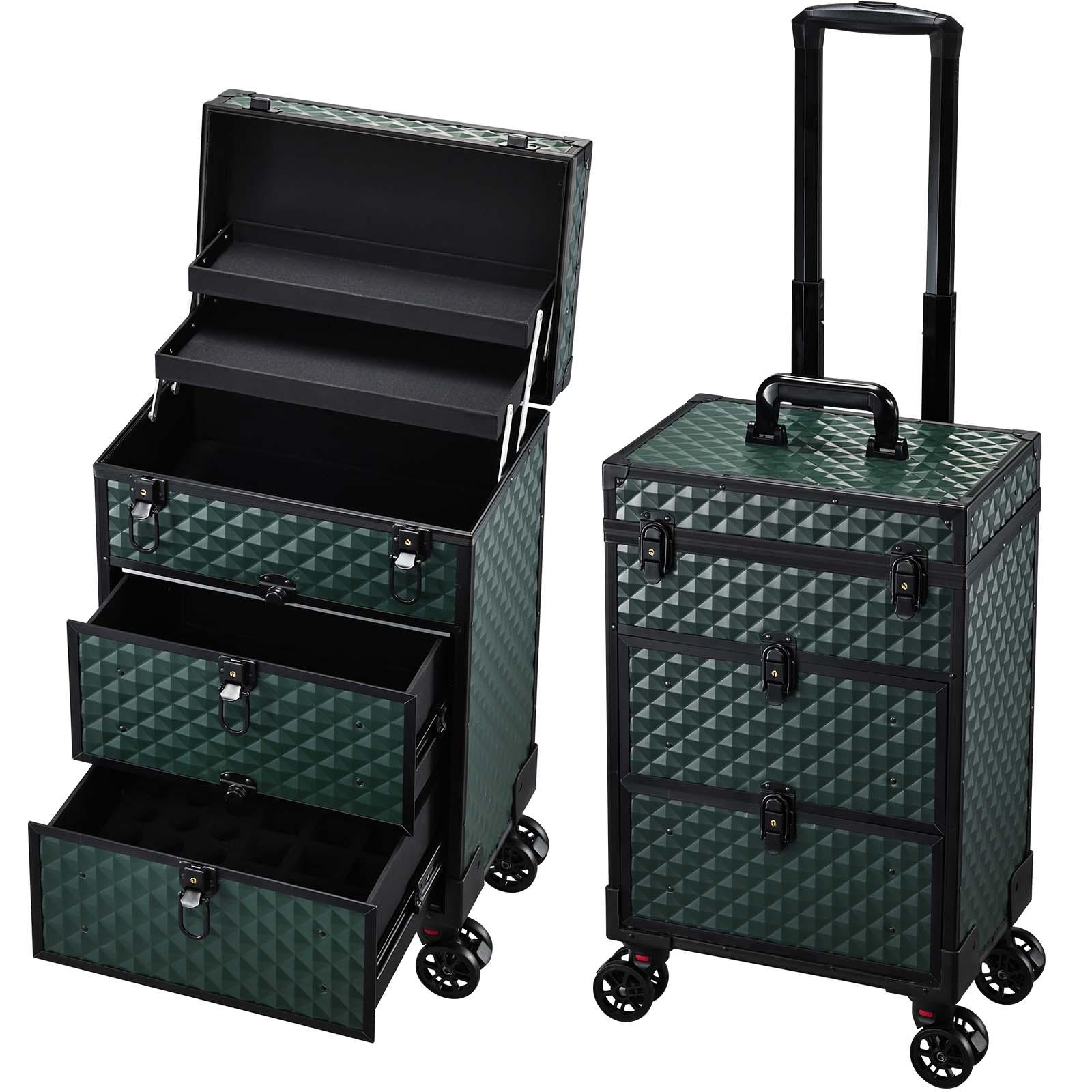 Rolling Makeup Case with Wheels Professional Cosmetology Trolley Case with 2 Large Drawers Travel Makeup Train Case with Pouch Nail Suitcase