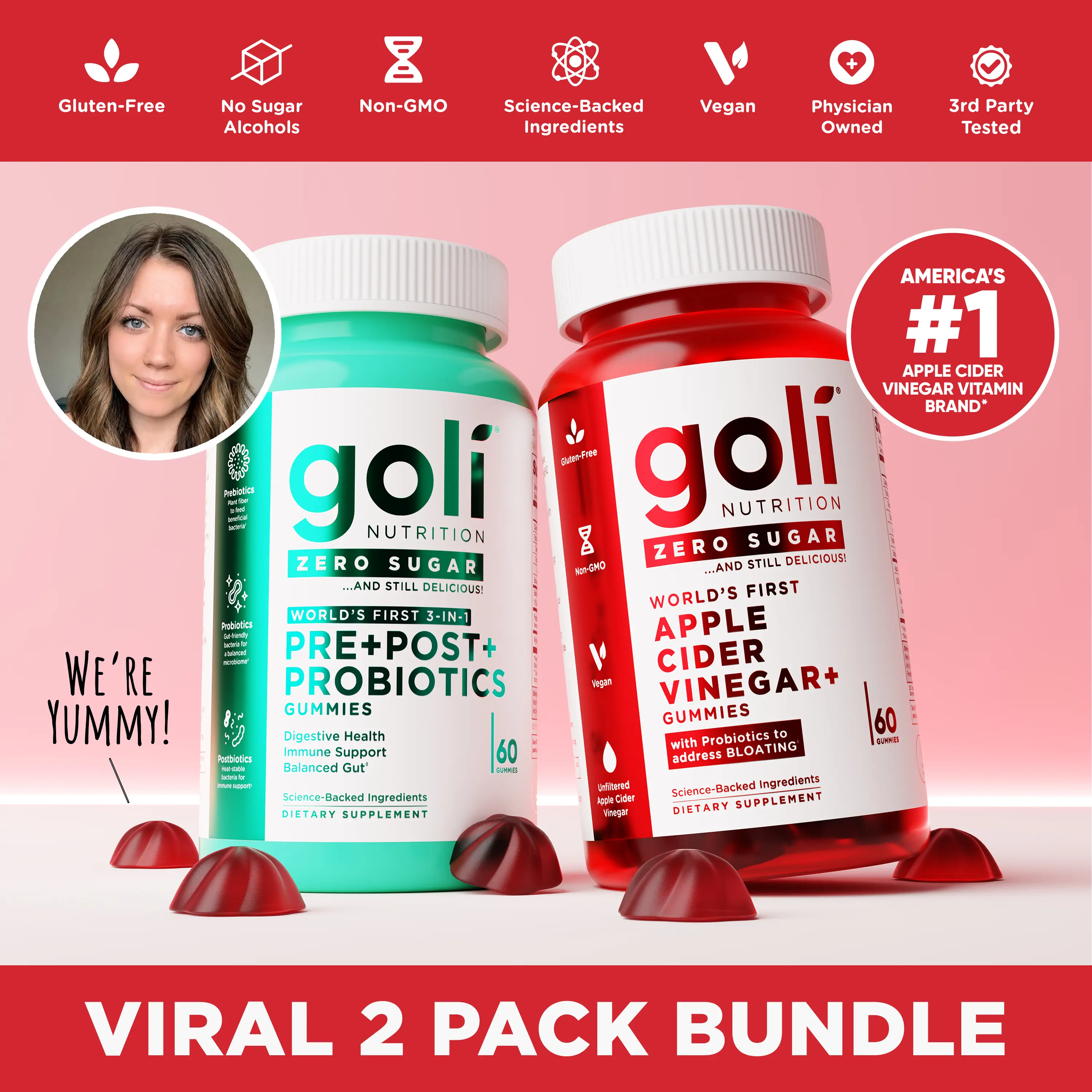 Cassidy’s Clean Gut Combo -  Goli Zero Sugar 3-in-1 Pre, Post, Probiotics + Apple Cider Vinegar, World's First. Vegan, Plant Based, Non-GMO, Gluten-Free & Gelatin-Free