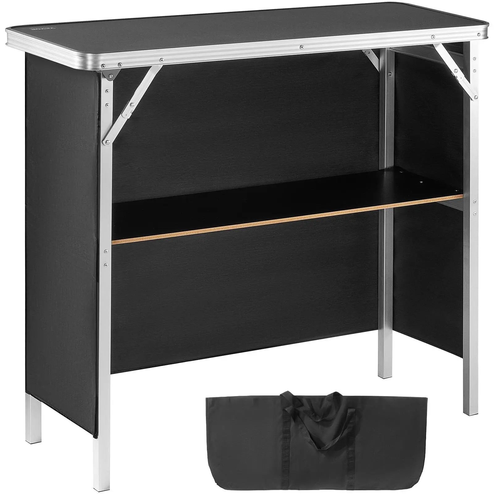 【Summerfinds】VEVOR Folding Portable Bar Table with 4 Legs - Easy Setup Outdoor Furniture with Storage Shelf, Black Skirt, Carrying Case - for Teaching, Watch Party, Tradeshow - 38.4in x 15.2in x 34.3in, Four Legs
