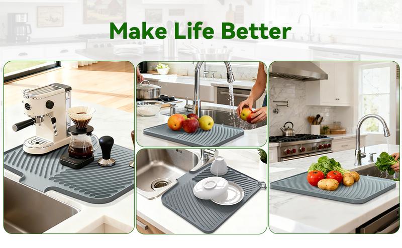 Belife Dish Drying Mat for Kitchen Counter Non-Slip Drain Pad with Built-in Drain Heat Resistant Stone Drying Mat 16.9 x 14.6 Quick Drying Anti-Slip Food Grade Silicone Multifunctional Mat