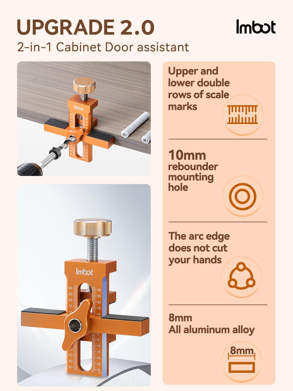 IMBOT 3-in-1 Cabinet Door Assistant & Zhi Luo Drill Tool Set Aluminum Alloy Material with Orange Body and Measurement Scale for Easy Installation of Cabinet Doors