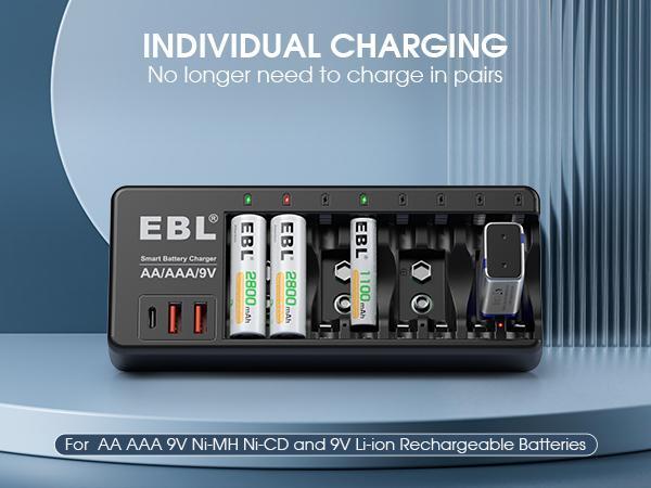 EBL AA AAA 9V Individual Battery Charger for AA AAA 9V NiMH NiCD and 9V Li-ion Rechargeable Battery, with 2 USB-A & 1 USB-C Charging Ports