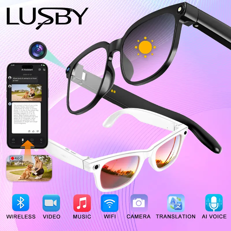LUSBY Smart AI Camera Glasses with 8MP Photochromic Lenses, Button-Touch Adjustment, 160+ Languages Real-Time Translation, Bluetooth Wireless Video Recording, UV Sun Protection, Cool Gadgets for Travel Outdoor Adventures, Mens Gifts for Him Easter Gift, U