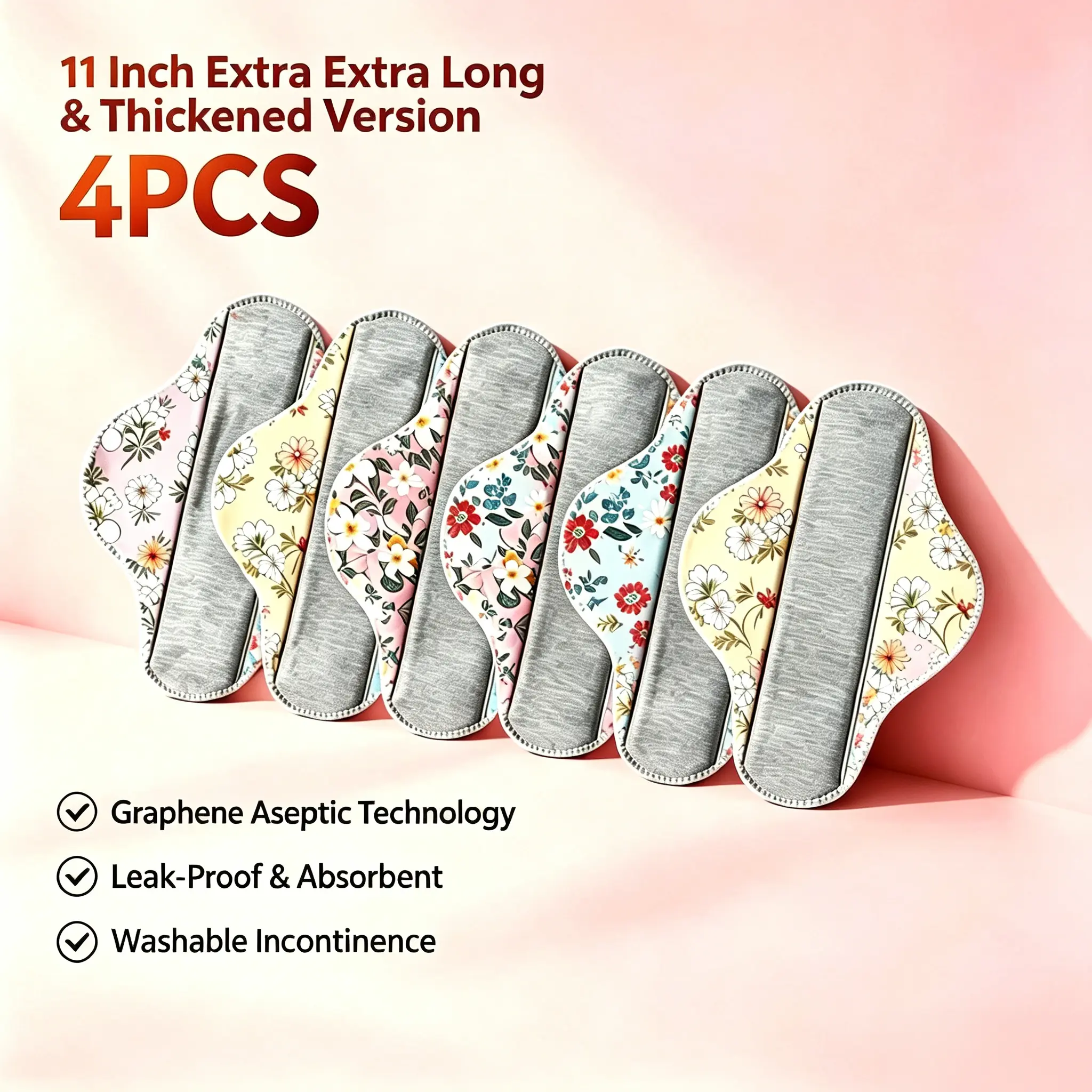 Reusable Graphene Incontinence Pads 8-Pack (11 in Extra Long, Thick Layers), Waterproof, Antibacterial, Absorbent, Breathable, Leak Protection, Odor Control, Skin-Safe Washable Underpads for Elderly, Postpartum Use