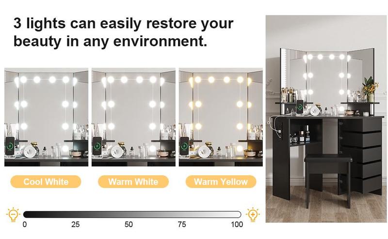 【GARVEE】Corner Makeup Vanity Desk with Lights & Power Outlet - Spacious Tri-Folding Mirror, Adjustable Brightness, 5 Rotating Drawers, Ample Storage, Stool Included