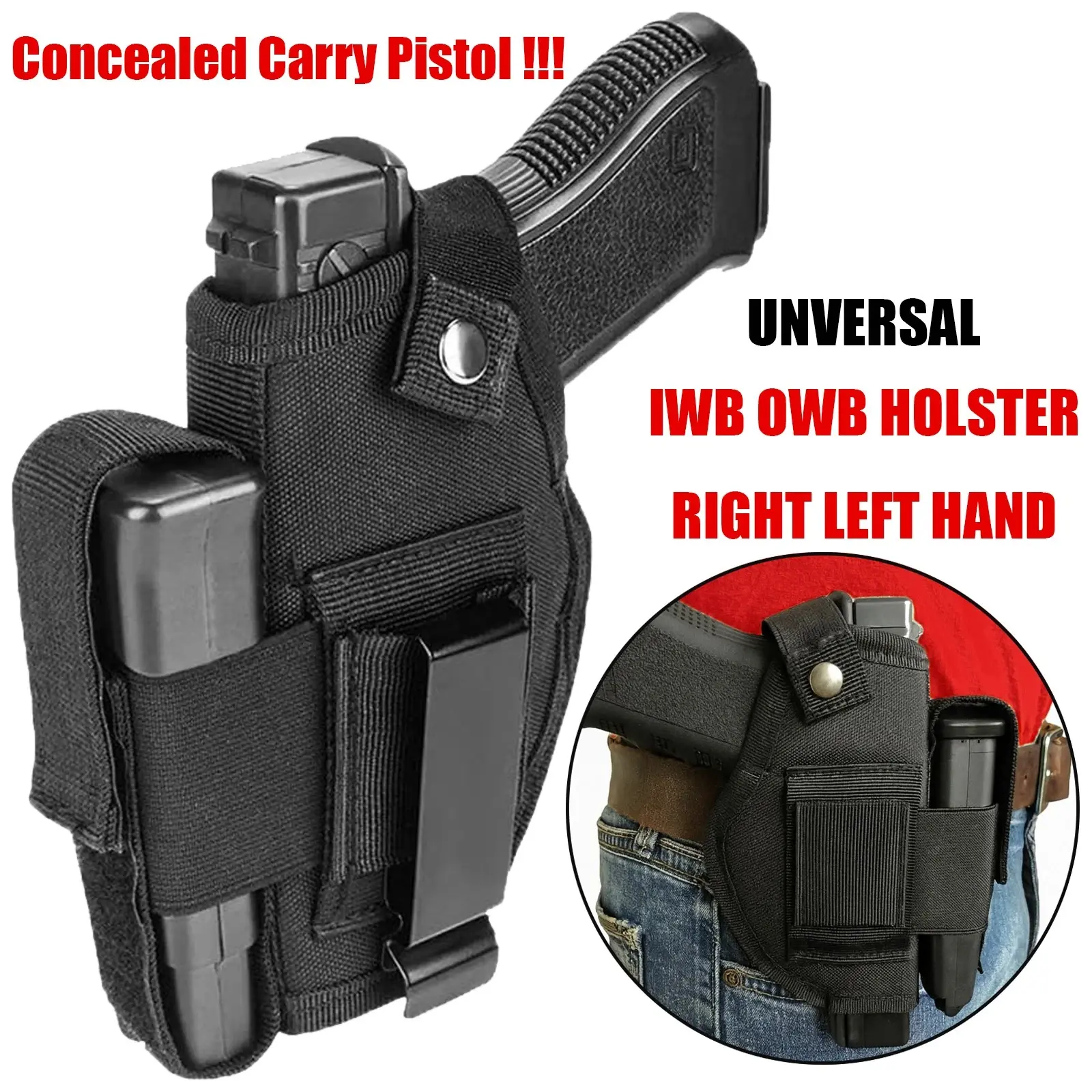 Ambidextrous Tactical Universal Gun Holster for Men, IWB/OWB Concealed Carry Pistol Holster with Snap, Ambi Clip, Metal Clip, Everyday Carry Affordable Gun Accessory, Tactical Accessories, Outdoor Hunting, Unisex Fit