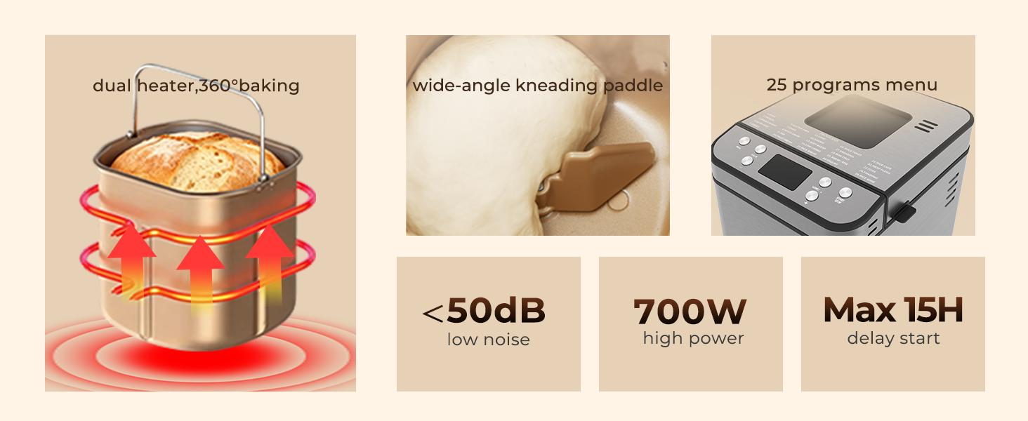 Rosewill 25-in-1 Automatic Bread Maker Machine with 3 Loaf Size up to 2LB, 700W High Power Dual Heater Bread Maker with BPA-free Nonstick Coating Pan, Max 15 Hours Delay Timer, Low Noise - Gray