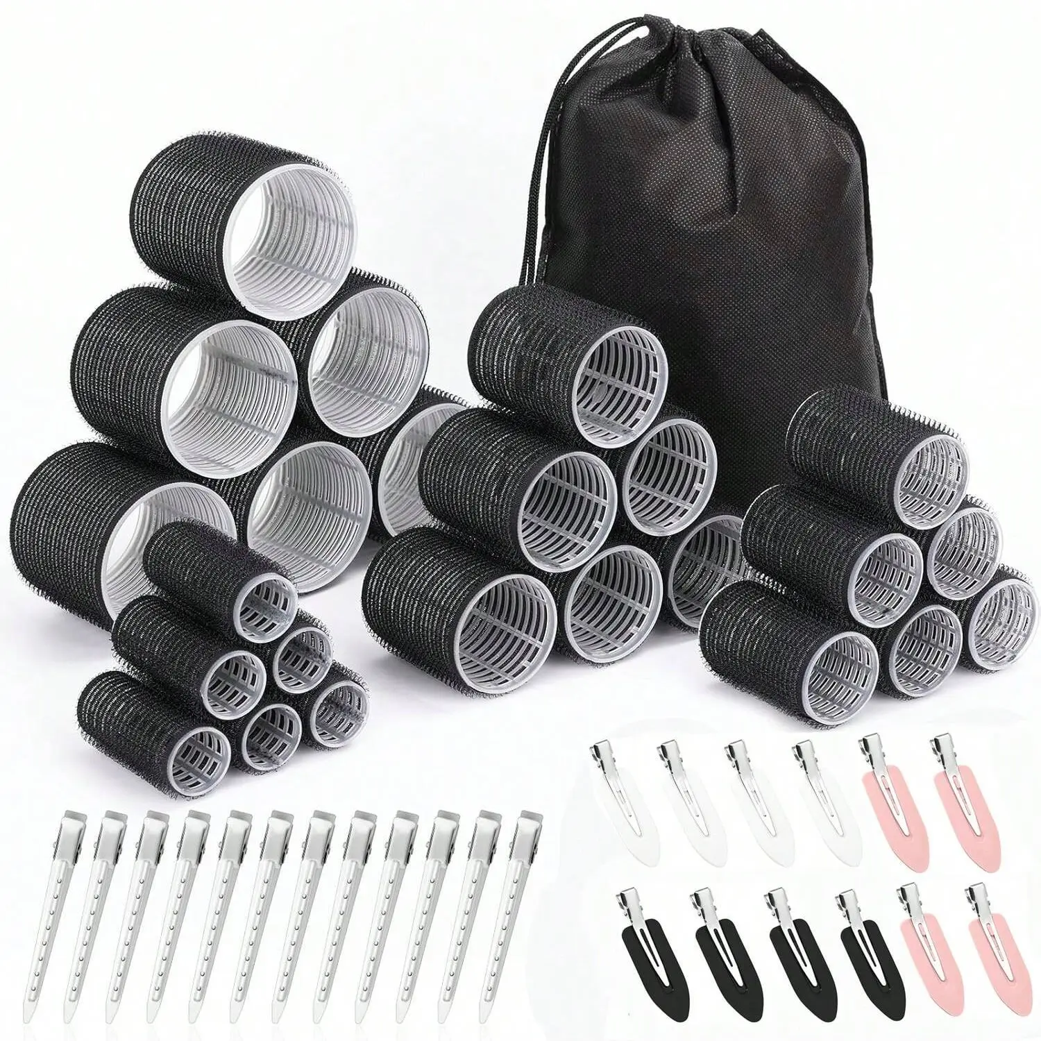 49pcs Hair Roller & Curler Set, Hair Styling Tools, Hair Rollers Curlers, Jumbo, Large, Medium & Small Rollers for Thick Long Hair, with Stainless Steel Clips & Storage Bag, Heatless Hair Curler