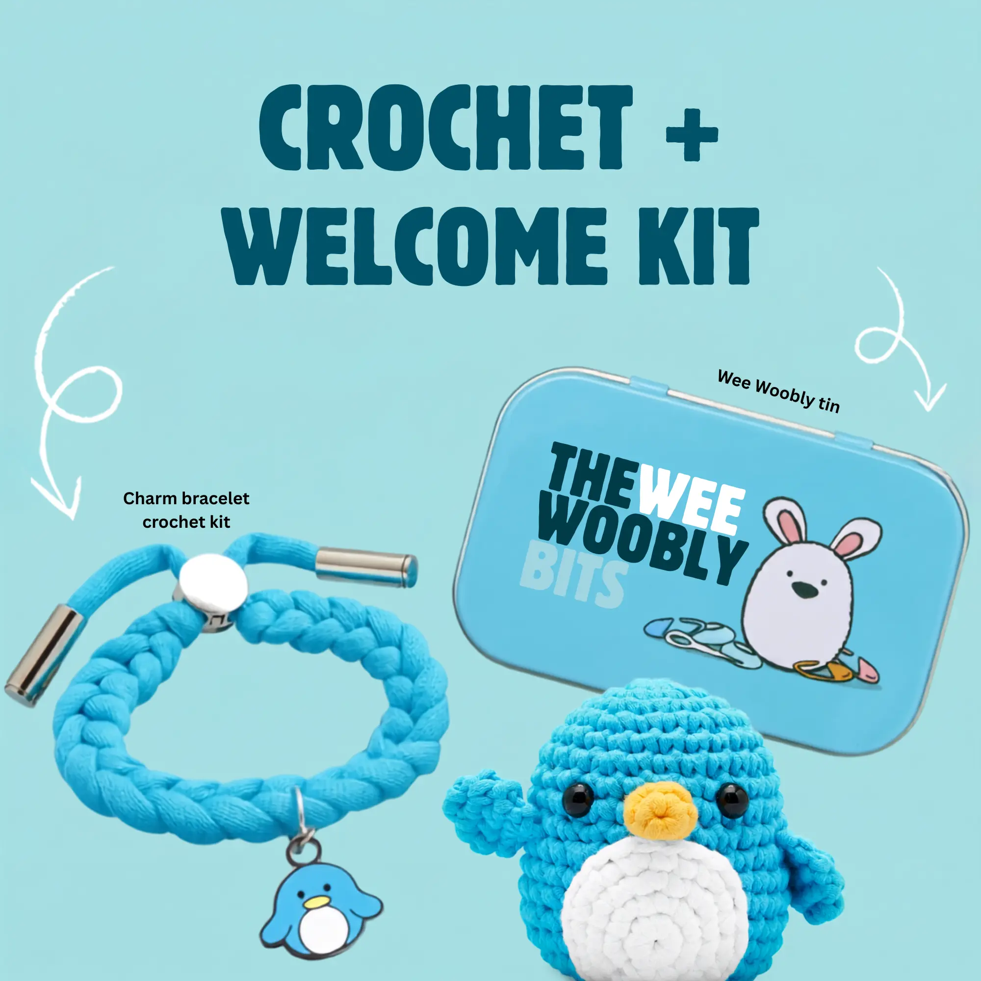 The Woobles Penguin Crochet Kit - Blue Color with White Penguin, Simple Design, Soft Crochet Material Amigurumi