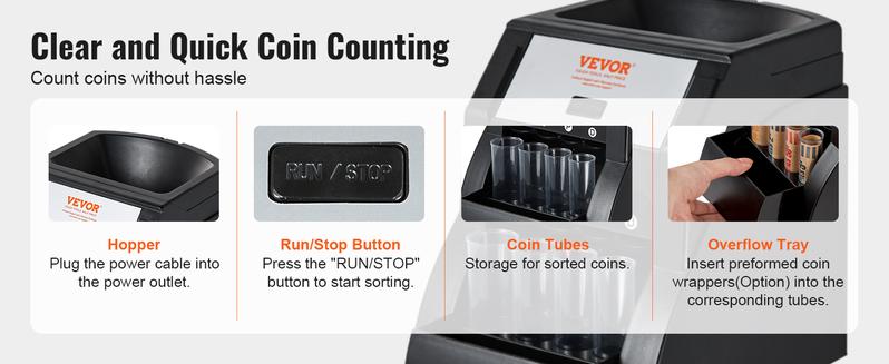 VEVOR USD Coin Sorter, TikTokShopBlackFriday, Coin Sorter Machine for USD Coin 1￠ 5￠ 10￠ 25￠, Sorts up to 230 Coins/min, Coin Sorter and Wrapper Machine Holds 200 Coins Included 4 Coin Tubes, Black  VEVOR Super Brand Day