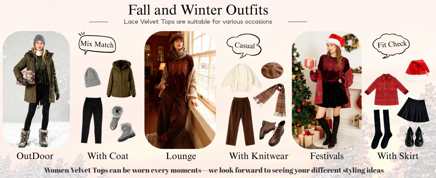 Yeokou Women's Long Sleeve Velvet Trim Lace Blouse Elegant Flared Swing Top Round Neck Casual Wear for Parties Weddings Dinners Office Dates