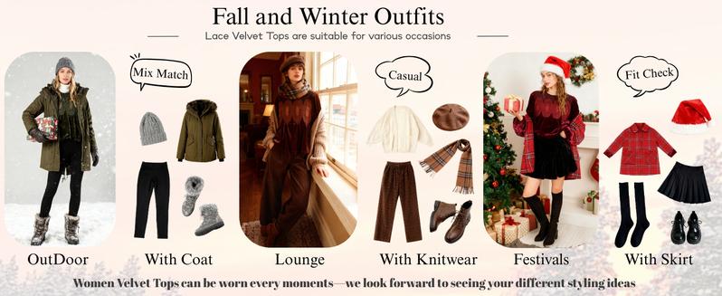 Yeokou Women's Long Sleeve Velvet Trim Lace Blouse Elegant Flared Swing Top Round Neck Casual Wear for Parties Weddings Dinners Office Dates