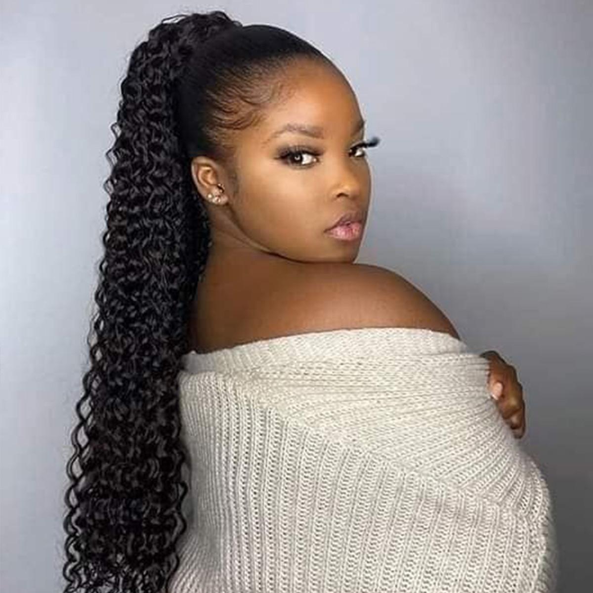 OQ HAIR Water Wave Ponytail InvisiFit Strap Cap With Clip In 100% Human Hair Ponytail Hair Kinky Straight Ponytail Hair Extensions Beginner Friendly