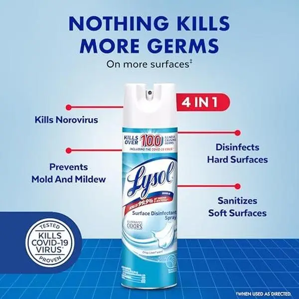 Lysol Disinfectant Spray, Multi-Purpose Antibacterial Sanitizing Spray, Household Cleaning Essential for Home & Bathroom, Upholstery Deodorizer, Crisp Linen Scent – 19 fl oz (Pack of 2)