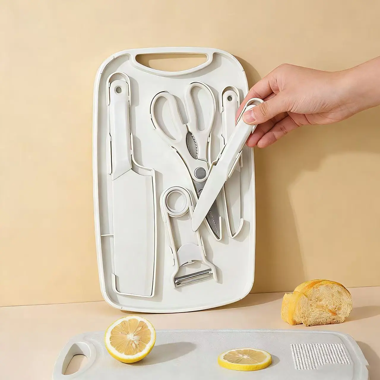 Santa 5-Piece Multi-Functional Kitchenware Set - Portable Easy-Clean Cutting Board, Scissors, Kitchen Knives, Fruit Knives, Peelers, Versatile Tools for Efficient Food Preparation, Great Kitchen Addition